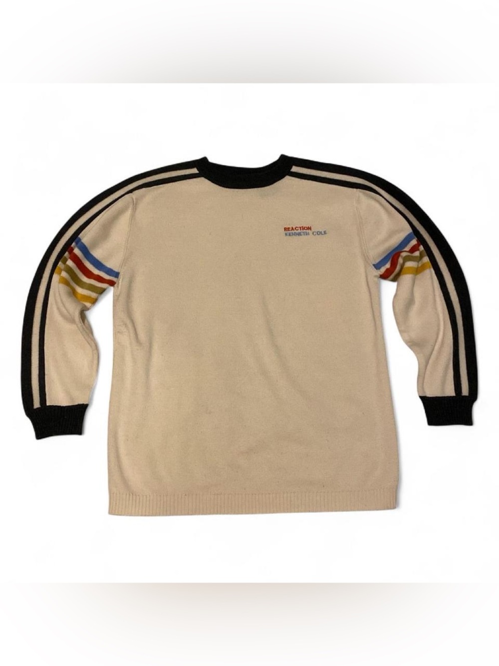 Kenneth Cole Reaction Men’s Cream Crewneck Sweater with Multicolor Stripe